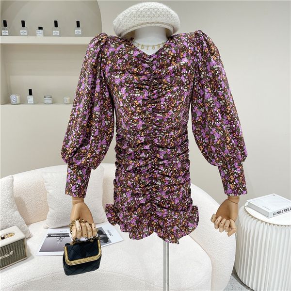 

dresses spring summer niche fashion design female floral flower cleavage waist temperament dress plissate, Black;gray