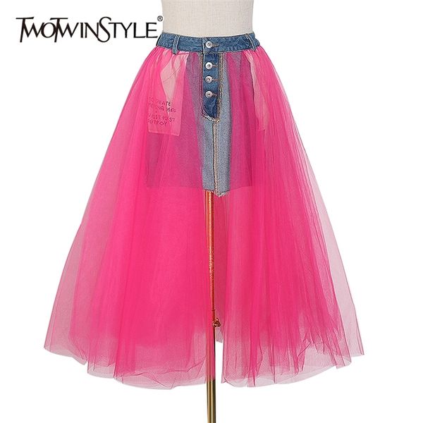 

print letter denim patchwork mesh women's skirts high waist streetwear skirt female spring fashion clothes 210521, Black