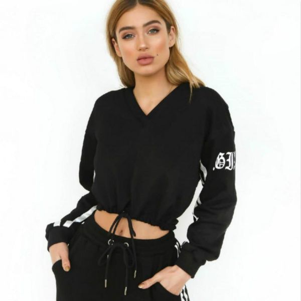

women crop black hoodies sets long sleeve sweatshirt ties sweatpants hooded pullover autumn spring tracksuit stripes women's two pi, White