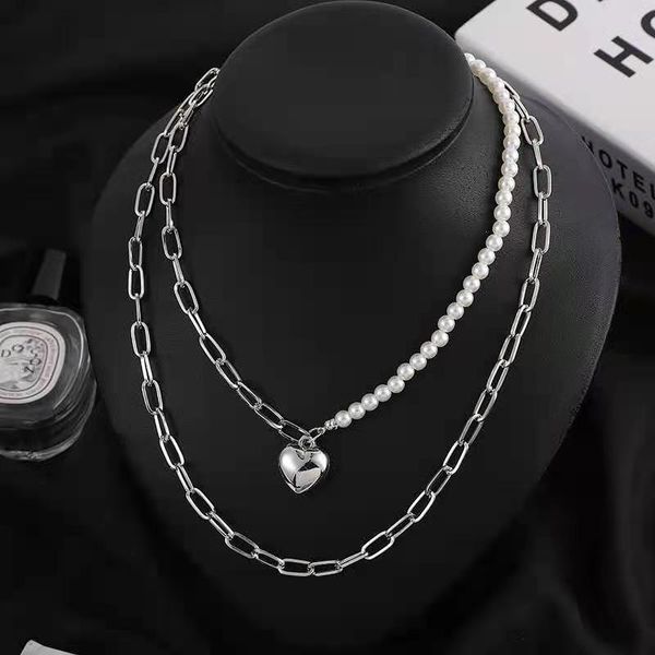 

chains creative personality ins metal retro pearl necklace fashionable simple love pendant daily fashion matching clothing accessories, Silver