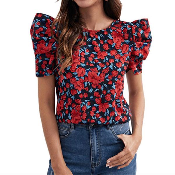 

women's blouses & shirts women fashion floral print cropped vintage o neck short sleeve back elastic female chic, White