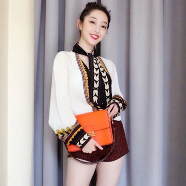 

european catwalk v-neck streamer ethnic chiffon shirt + plaid shorts suit, White