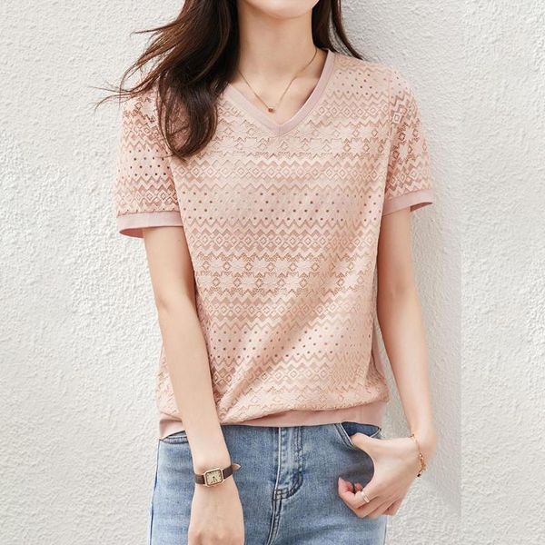 

women's t-shirt 2021 summer v-neck short-sleeved lace shirt female loose thin section women vintage streetwear, White