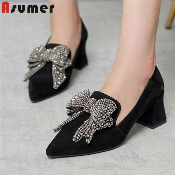 

dress shoes asumer 2021 suede leather single women pumps bowknot crystal pointed toe square heel party woman, Black