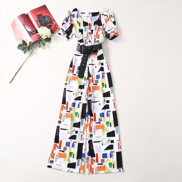 

women's jumpsuits & rompers european and american 2021 summer style square collar short sleeves geometry of the printing slim jumpsuit, Black;white