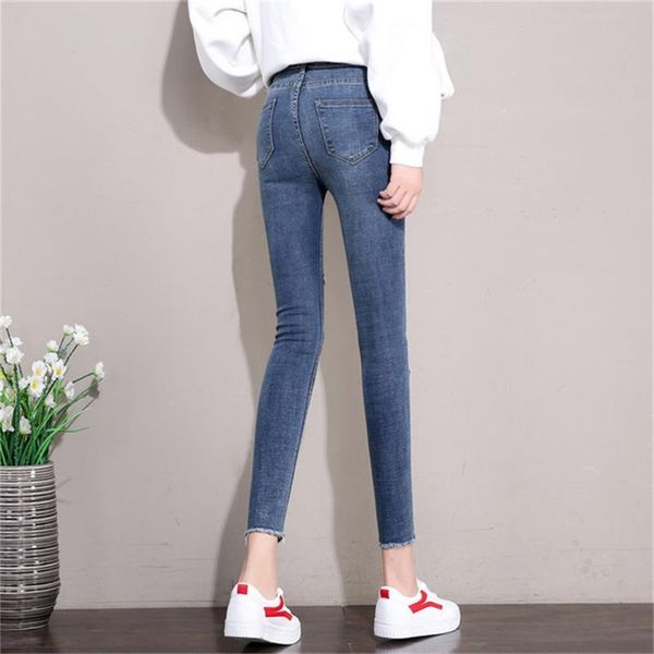 

women's jeans 2021 fall-winter high rise ankle-length frayed elasticity shattered feet pencil pants, Blue