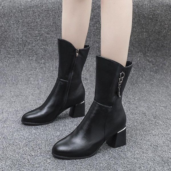 

boots 2021 women's mother female ladies genuine leather shoes botas knee high zipper winter warm plush mid calf plus sizeots, Black