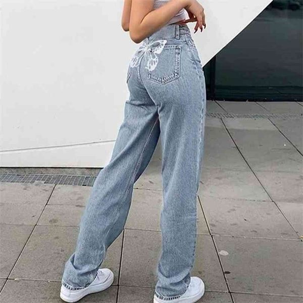 

high waist denim women's trousers spring fashion straight-leg pants street style all-match jeans 210915, Blue