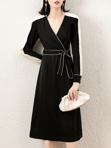 

early autumn dress hepburn style small v-neck french style high-end fashion noble temperament mid-length dress for women, Black;gray