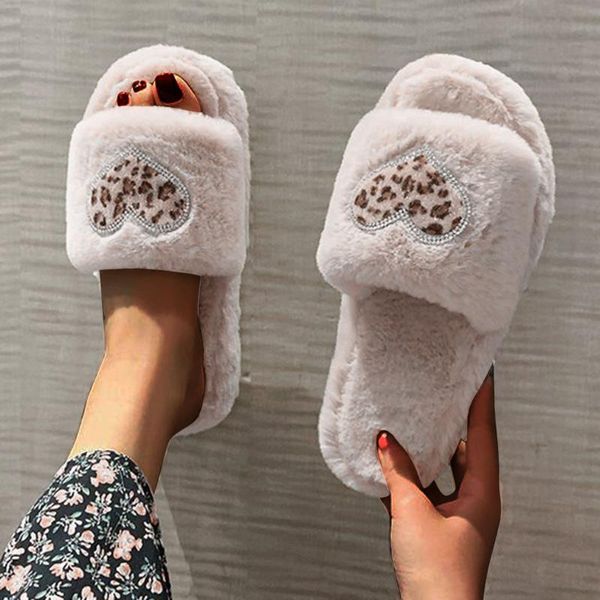 

slippers leopard print furry home flat rhinestone love plush thick-soled cotton fashion wholesale indoor r5, Black
