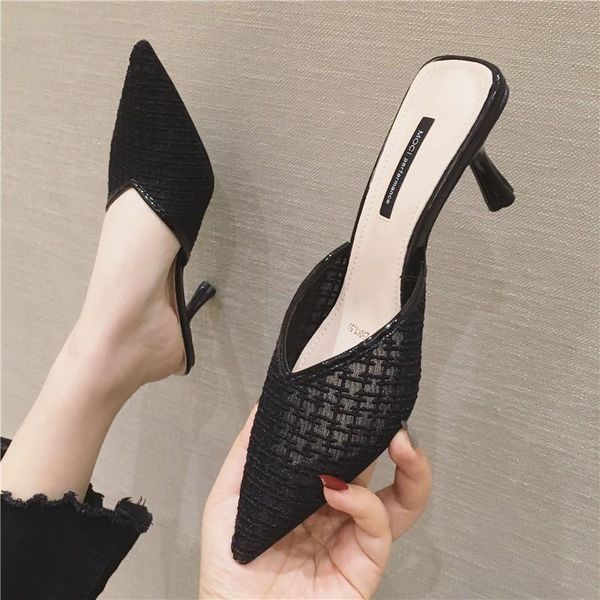 

slippers pointed half women's summer 2021 wear breathable fine heel korean lazy temperament high sandal, Black