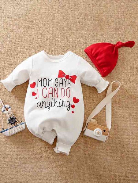 

yierying baby bow & slogan graphic jumpsuit with hat she, Blue