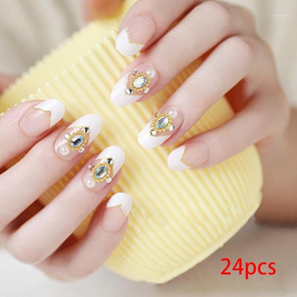 

french style artificial nails rhinestone 24 pieces tips false fake nail stiletto art decoration1, Red;gold
