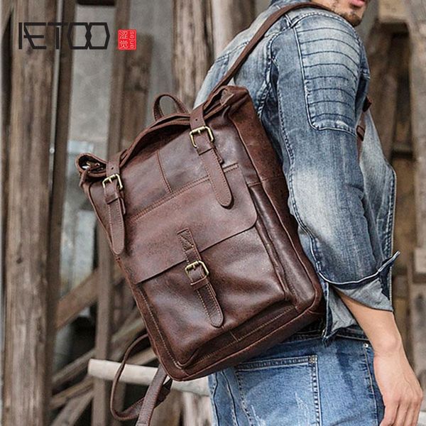 

backpack aetoo leather vintage shoulder bag, men's large-capacity backpack, women's college travel