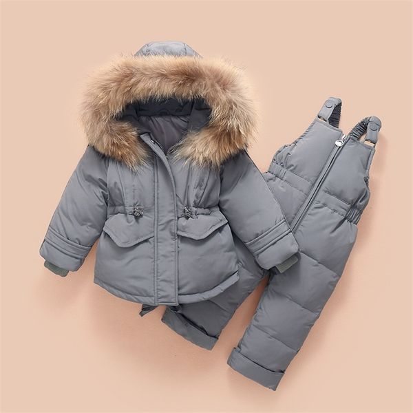 

children's down jacket suit winter baby suspender trousers male child girl raccoon hair ski 211007, Blue;gray