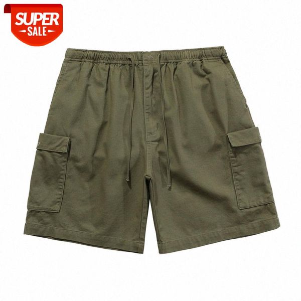 

japanese solid color multi-pocket cargo shorts men's retro flow loose casual straight five-point pants #de2b, Black