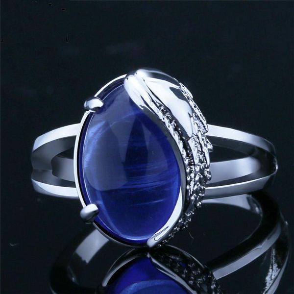 

fashion simple sapphire angel wing eternity ring for women elegant round cut big blue zircon rings luxury charm trendy cluster, Golden;silver