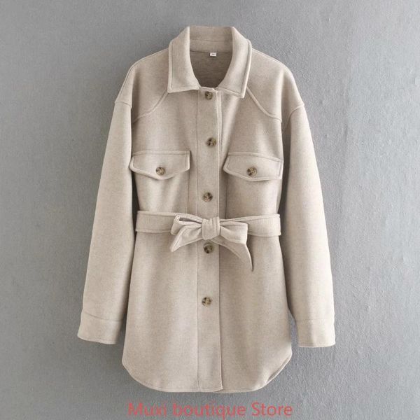 

women's wool & blends 2021 women coat spring and autumn woolen short style with belt fashion long sleeve versatile imitation, Black