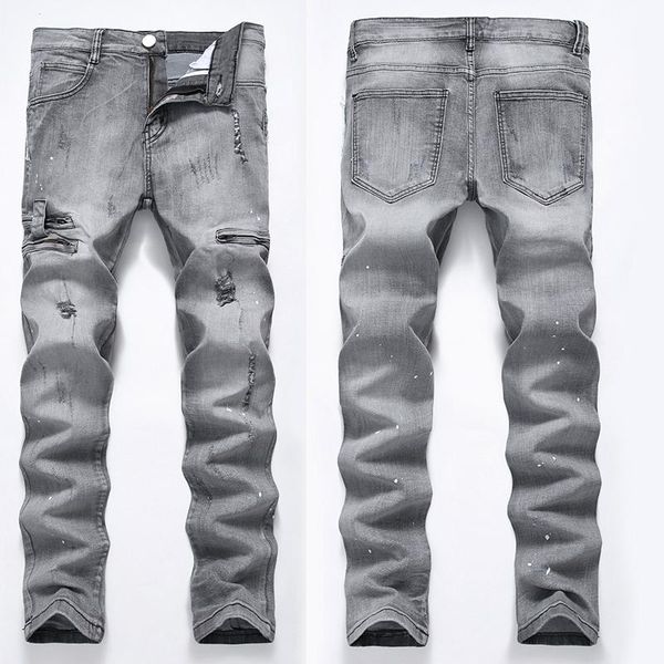 

men's jeans washed casual pants plus size slim-fit stretch locomotive ripped tight-fitting old zipper, Blue