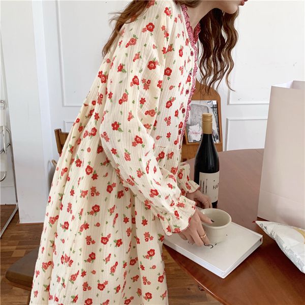

women's sleepwear korean nightdress nighties women long-sleeve cotton floral printed home clothes sleepwear sleeping dress loose nightw, Black;red