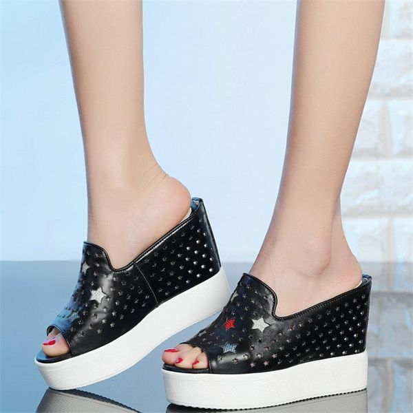 

sandals outside slippers women genuine leather wedges high heel gladiator female hollow open toe fashion sneakers casual shoes, Black