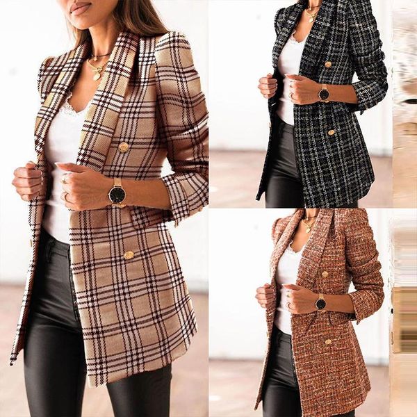 

women's wool & blends 2021 temperament blazers women lattice casual chic british style single-breasted suit printed jacket, Black