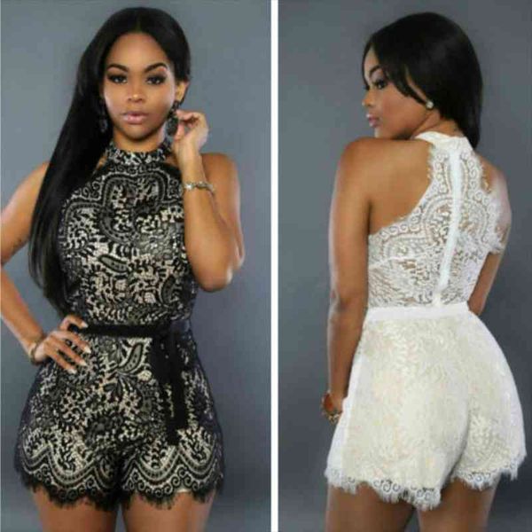 

ladies summer bodycon lace romper sleeveless halter spliced slim playsuits jumpsuits women night clubwear see-through overalls, Black;white