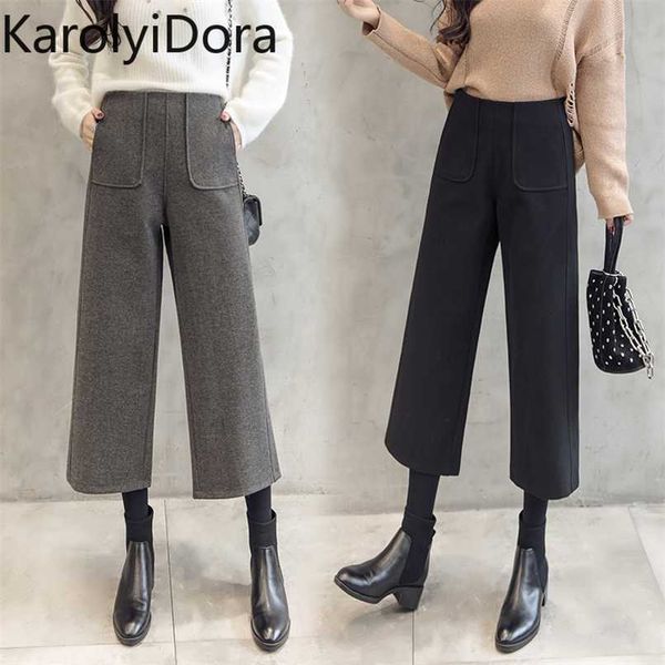 

winter fashion high waist women's wool wide leg pants thick warm loose wool pants casual harem pants office ladies 211112, Black;white