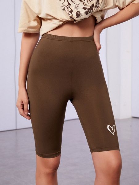

heart print elastic waist biker shorts y9wd#, Black
