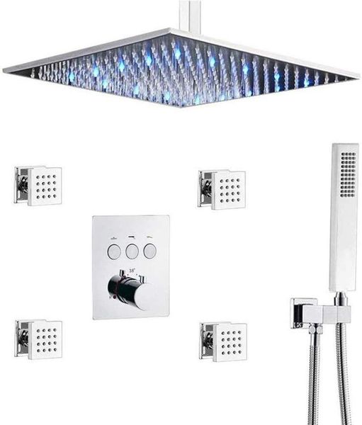 

luxury multi shower heads thermostatic system with spray jets, 12" led ceiling rain bathroom faucet mixer set chrome finished sets