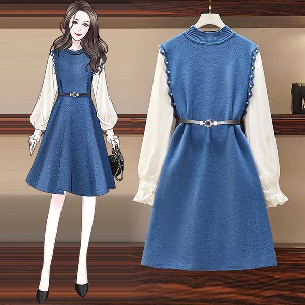 

casual dresses ichoix 2021 autumn and winter a-line solid o-neck knitted splicing pearl decoration dress with belt women fashion, Black;gray