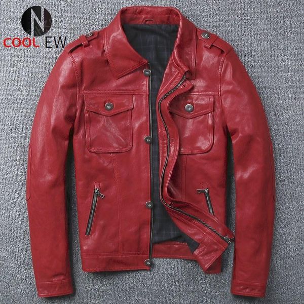 

men's leather & faux luxury mens spring autumn 100% natural sheepskin moto biker windproof coat male punk genuine jacket red slim rock, Black