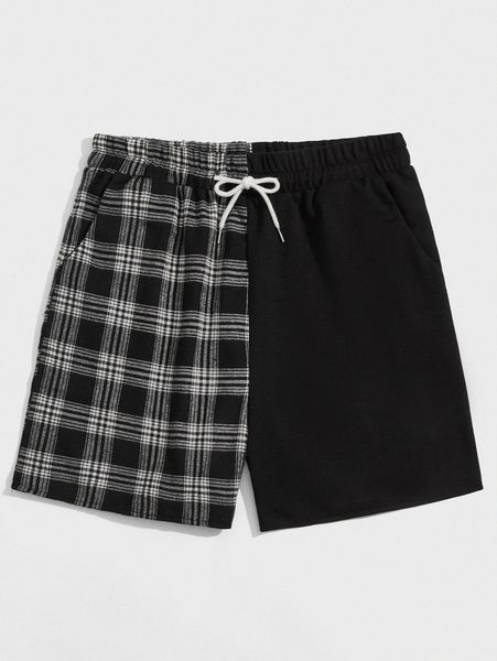 

romwe guys plaid drawstring shorts w28p#, Black