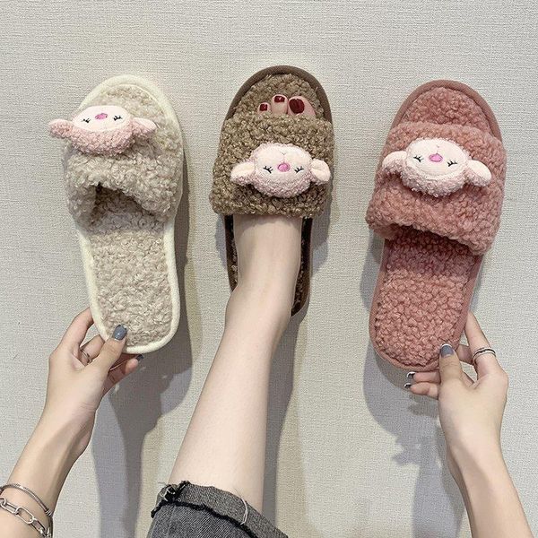 

slippers autumn winter women warm shoes woman fashion sheep slip on flip flops fur female slides plus size 1a2n, Black