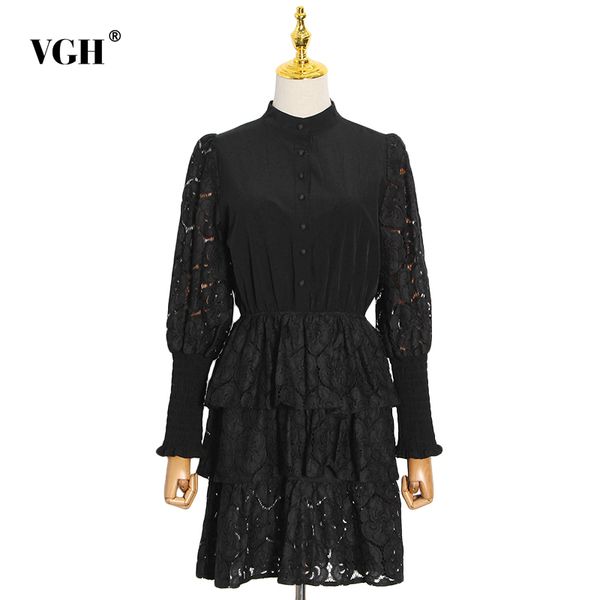 

vgh black dress for women stand collar lantern long sleeve high waist hollow out a line designer mini dresses female autumn 210421, Black;gray