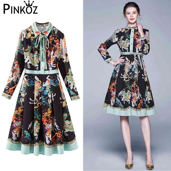 

fashion designer vintage printed pleated dress women's turn-down collar long sleeve autumn plus size party midi dresses 210421, White