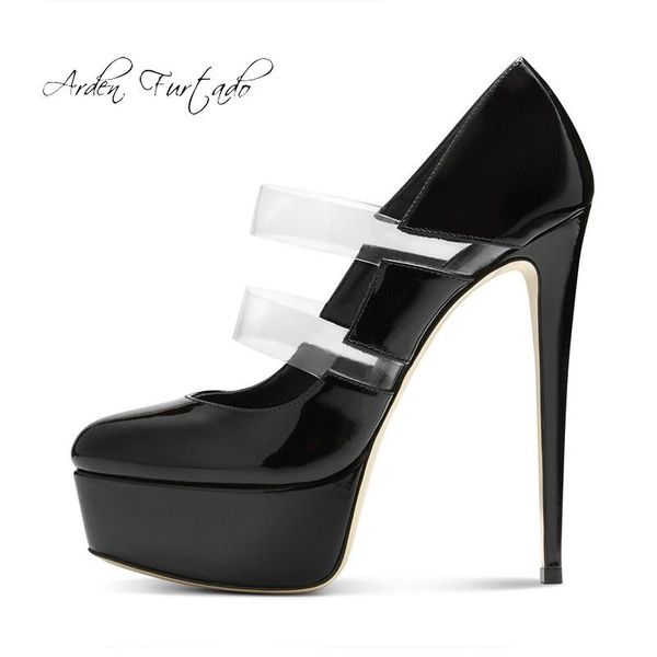 

dress shoes arden furtado 2021 fashion women's round toe stiletto heels elegant ladies pvc narrow band pumps platform size 45, Black