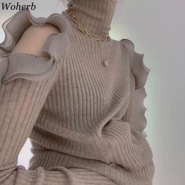

fall women clothes turtleneck hollow out off shoulder knit pullovers ruffles slim fir sweaters jumper sueter 210422, White;black