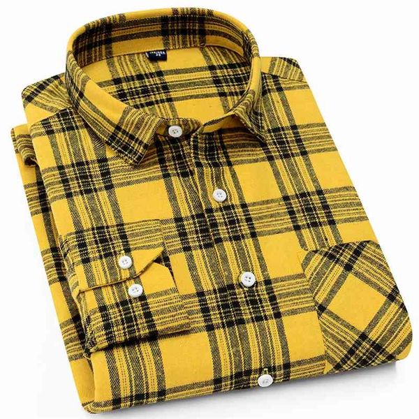 Vermelho amarelo moda tendência flanela xadrez camisa casual para homens ajuste regular botões juventude campus estilo primavera outono 210721