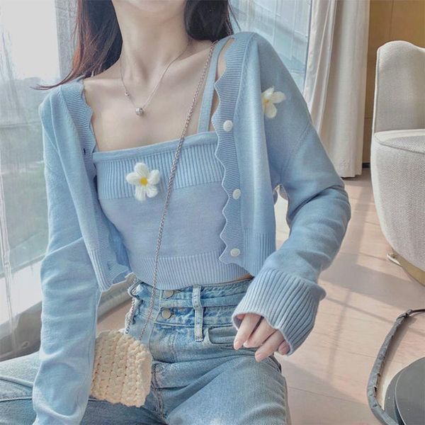 

women's knits & tees sweet knitted cardigan women 2021 summer autumn long sleeve thin two piece suit cute flower decoration kawaii swea, White