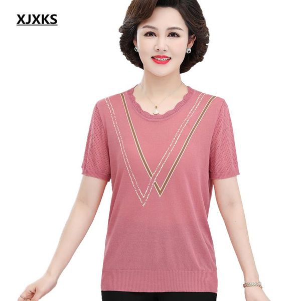 

women's t-shirt xjxks round neck short-sleeved women 2021 summer comfortable thin knitted, White
