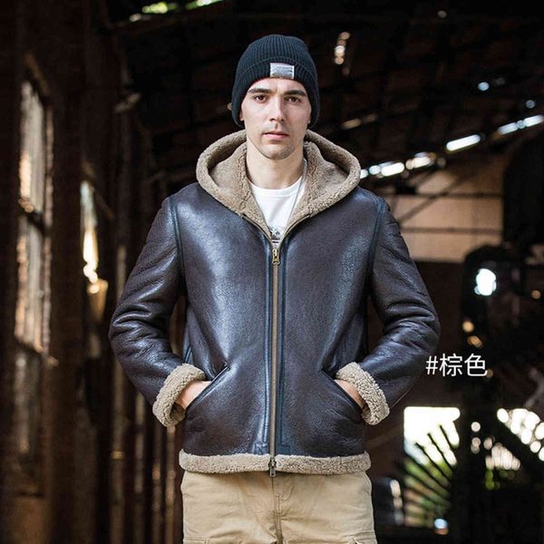 

men's hooded leather warm sheep coat, brown and black, winter