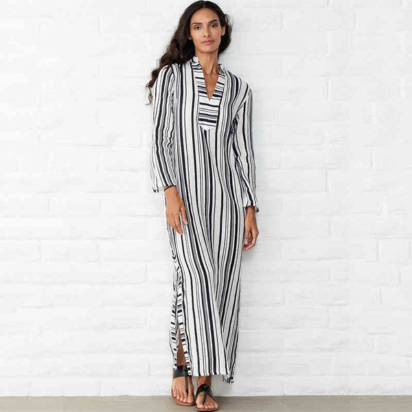 

100% cotton swimwear cover-ups casual striped v-neck batwing sleeve summer dress women beachwear kaftan swimsuit cover up q955 210420, White;black