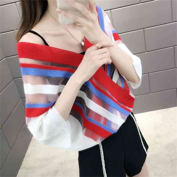 

v-neck bat sleeve thin section knitted sweater female striped 3/4 sunscreen pullover women spring summer 210427, White;black