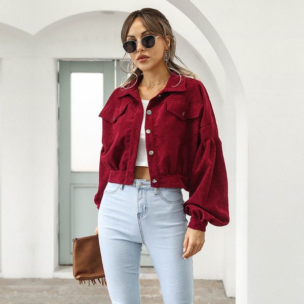 

women's fur & faux short corduroy jacket women autumn winter lantern sleeve turn down collar jaket coat female outerwear chic, Black