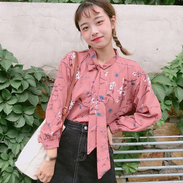 

women's blouses & shirts sweet floral printed loose lacing up chiffon blusas women long sleeves shirt female casual elegant blouse femm, White