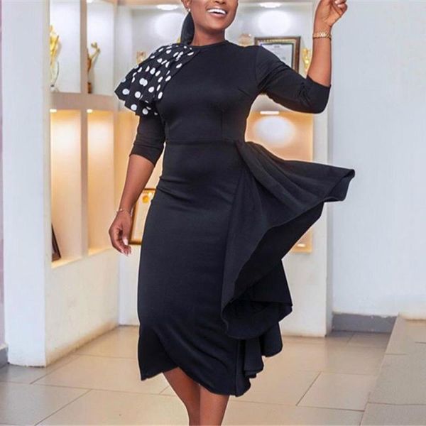 

casual dresses elegant dress women for wedding party midi black dot printed ruffles high waist bodycon mid calf evening night vestidos, Black;gray