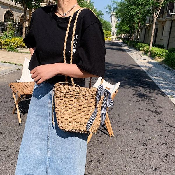 

evening bags 2021 fashion women's shoulder summer beach straw bag bucket female handbag luxury designer shopper purse