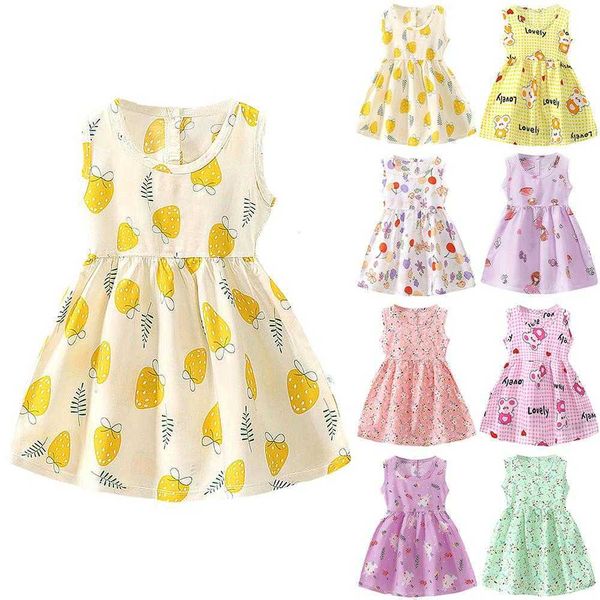 Verão Sleeveless Dress Kids Meninas Bonito Impresso A-Linha Sundress Holiday Casual Swing Vestidos Q0716