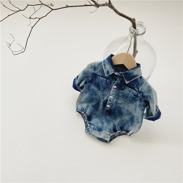 

rompers spring korean style baby girl boy bodysuit denim button up collar jumpsuit cute kids clothes e5027 63ka, Blue